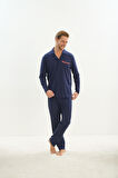 Erkek Uzun Kol Gömlek Yaka Önden Düğmeli Lacivert Pijama Takım C0T1N5O9