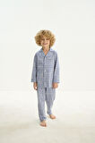Erkek Çocuk Uzun Kol Önden Düğmeli Mavi Pijama Takım C8T4N7O8
