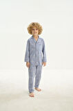 Erkek Çocuk Uzun Kol Önden Düğmeli Mavi Pijama Takım C8T4N7O8