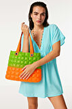 Kadın Plaj Çantası Turuncu Yeşil Şişme Omuz Çanta Plj03