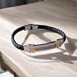 %100 Deri̇ Çoklu '' Ay - Yıldız '' Figürlü Gold Çelik Siyah Bileklik Krom Mıknatıs Kapama 