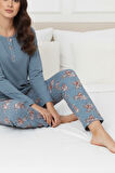 Kadın Çiçek Desenli 3 Düğmeli Pamuk Likra Mevsimlik Uzun Kollu Pijama Takımı