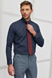Erkek Lacivert Slim Fit Dar Kesim Italyan Yaka Armürlü Gömlek
