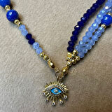 Uretti - Özlem 9422 4677 El Yapımı Mavi Akik Doğal Taş ve Kristal Taş Kolye