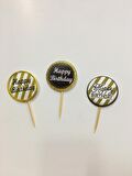 Gümüş Siyah Happy Birthday Parti Kürdan Süsü 20 Adet (3984)