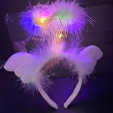 Beyaz Kanatlı Beyaz Tüylü Led Işıklı 3 Fonksiyonlu Melek Hare Taç 20x25 cm (3984)