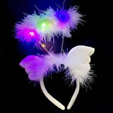Beyaz Kanatlı Beyaz Tüylü Led Işıklı 3 Fonksiyonlu Melek Hare Taç 20x25 cm (3984)