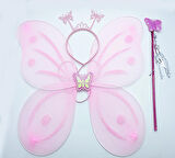 Toz Pembe Renk Kelebek Kanadı Tacı ve Sopası 50x37 cm (3984)