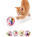 Renkli Metal Kafesli Peluş Fareli Kedi Köpek Oyuncağı Oyun Topu 6 cm (3984)