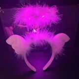 Pembe Kanatlı Pembe Tüylü Led Işıklı 3 Fonksiyonlu Melek Hare Taç 20x25 cm (3984)