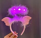 Pembe Kanatlı Pembe Tüylü Led Işıklı 3 Fonksiyonlu Melek Hare Taç 20x25 cm (3984)