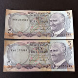 Escoines Koleksiyon 3996367e864f4aeb6f 6.Emisyon 5 türk lirası seri takipli CA/ÇİL eski kağıt para