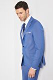 Erkek Mavi Slim Fit Dar Kesim Mono Yaka Desenli Mavi Klasik Takım Elbise