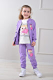 3HKT Balerina Capicino Desenli Hırkalı 2 İp Şardonlu %100 Pamuk 3 Parçalı Kız Çocuk Takım 8284