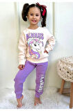 PJK3İ Unicorn Desenli Lila 3 İp Şardonlu %100 Pamuk Kız Çocuk Eşofman Takımı 3-10 Yaş 7369-L