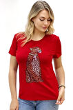 Kaplan Crystal Taşlı Büyük Beden Regular Fit Plus Size Beyaz Şık Kadın T-shirt
