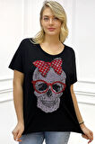 Bol Kesim Büyük Beden Crystal Kurukafa Taşlı Kırmızı Pamuk Kadın Şık Rahat Yarasa Kol T-shirt