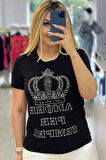 Büyük Beden Taç Desen Yazılı Crystal Taşlı Plus Size Şık Rahat Kırmızı Kadın Kısa Kol T-shirt