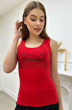 Kadın Slim Fit Beautiful Yazılı Crystal Taşlı Şık Kadın Atlet Kolsuz Tshirt