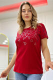 Büyük Beden Bisiklet Yaka Geometrik Desenli Crystal Taşlı Kısa Kol Şık Pamuk Kırmızı Kadın T-shirt