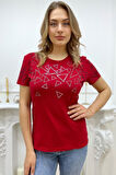 Büyük Beden Bisiklet Yaka Geometrik Desenli Crystal Taşlı Kısa Kol Şık Pamuk Kırmızı Kadın T-shirt