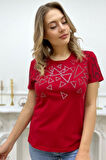 Büyük Beden Bisiklet Yaka Geometrik Desenli Crystal Taşlı Kısa Kol Şık Pamuk Kırmızı Kadın T-shirt