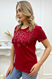 Büyük Beden Bisiklet Yaka Geometrik Desenli Crystal Taşlı Kısa Kol Şık Pamuk Kırmızı Kadın T-shirt