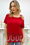 Bol Kesim Büyük Beden Tek Omzu Açık Askılı Crystal Taşlı Şık Rahat Beyaz Kadın Pamuk T-shirt