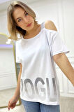 Bol Kesim Büyük Beden Tek Omzu Açık Askılı Crystal Taşlı Şık Rahat Beyaz Kadın Pamuk T-shirt