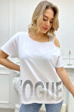Bol Kesim Büyük Beden Tek Omzu Açık Askılı Crystal Taşlı Şık Rahat Beyaz Kadın Pamuk T-shirt
