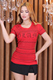 Büyük Beden Tamamı Crystal Taşlı Kırmızı Bisiklet Yaka Pamuk Kırmızı Kadın T-shirt