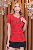Büyük Beden Tamamı Crystal Taşlı Kırmızı Bisiklet Yaka Pamuk Kırmızı Kadın T-shirt