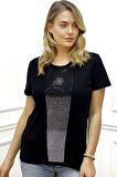 Bisiklet Yaka Crystal Taşlı Büyük Beden Plus Size Pamuk Şık Rahat Siyah Kadın T-shirt