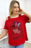 Büyük Beden Siyah Omuzları Açık Baskılı Crystal Taşlı Pamuk Kadın T-shirt