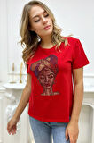 Crystal Taşlı Pamuk Kısa Kol Bisiklet Yaka Büyük Beden Siyah Şık Rahat Tasarım Kadın T-shirt