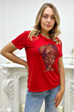 Crystal Taşlı Pamuk Kısa Kol Bisiklet Yaka Büyük Beden Siyah Şık Rahat Tasarım Kadın T-shirt