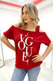 Bol Kesim Omuzları Açık Baskılı Crystal Taşlı Büyük Beden Şık Pamuk Kadın T-shirt