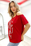 Bol Kesim Omuzları Açık Baskılı Crystal Taşlı Büyük Beden Şık Pamuk Kadın T-shirt