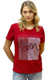 Heaven Crystal Taşlı Büyük Beden Bisiklet Yaka Pamuk Kırmızı Kadın T-Shirt L XL 2XL 3XL