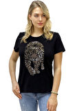 Kaplan Crystal Taşlı Büyük Beden Bisiklet Yaka Siyah Pamuk Kadın T-shirt