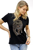 Kaplan Crystal Taşlı Büyük Beden Bisiklet Yaka Siyah Pamuk Kadın T-shirt