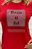 Büyük Beden Bisiklet Yaka Beautiful Yazılı Crystal Taşlı Siyah Şık Pamuklu Kısa Kol Kadın T-shirt