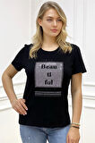 Büyük Beden Bisiklet Yaka Beautiful Yazılı Crystal Taşlı Siyah Şık Pamuklu Kısa Kol Kadın T-shirt