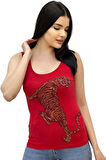 Leopar Crystal Taş Baskılı Dar Kesim / Slim Fit Pamuk Kadın Kolsuz Tshirt Kalın Askılı Atlet
