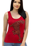 Leopar Crystal Taş Baskılı Dar Kesim / Slim Fit Pamuk Kadın Kolsuz Tshirt Kalın Askılı Atlet