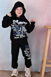 PJK3İ Dinazor Desenli Siyah 3 İp Şardonlu Kapşonlu %100 Pamuk Erkek Çocuk Eşofman Takımı 3-10 Yaş 7338-S