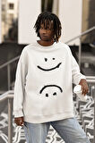 Çizgi Gülen Surat Baskılı Unisex Oversize Sweatshirt
