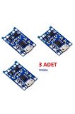 Tp4056 Lityum Pil Şarj Devresi 3 Adet 5v 1a Mikro Usb 18650 Lityum Şarj Modülü + Koruma Fonksiyon