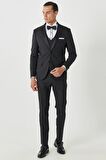 Erkek Siyah Slim Fit Dar Kesim Mono Yaka Desenli Yelekli Smokin Takım