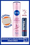 NIVEA Kadın Sprey Deodorant Pearl & Beauty 150ml ve Kırmızı Renkli Nemlendirici Dudak Bakım Kremi, SPF30, Cüzdan Hediye
